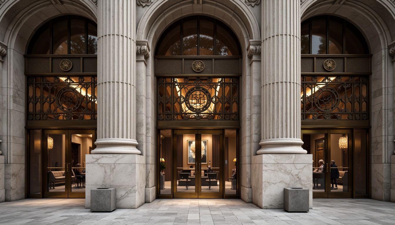 Prompt: Elegant bank facade, neoclassical architecture, ornate columns, grand entrance, symmetrical composition, limestone walls, arched windows, bronze doors, intricate metalwork, academic insignia, rich wood tones, sophisticated interior design, high ceilings, chandeliers, subtle lighting, atmospheric shadows, 1/2 composition, shallow depth of field, realistic textures, ambient occlusion.