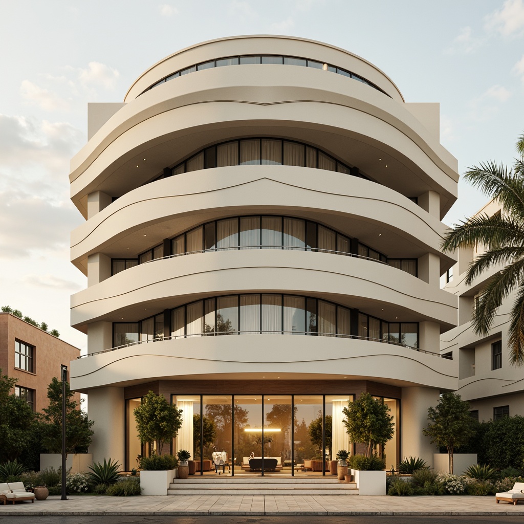 Prompt: Curved building facade, horizontal lines, rounded corners, chrome accents, minimalist ornamentation, cream-colored walls, large windows, sliding glass doors, cantilevered balconies, stepped rooflines, geometric shapes, luxurious materials, marble floors, bronze fixtures, subtle gradient effects, warm golden lighting, shallow depth of field, 2/3 composition, cinematic view, realistic reflections, ambient occlusion.