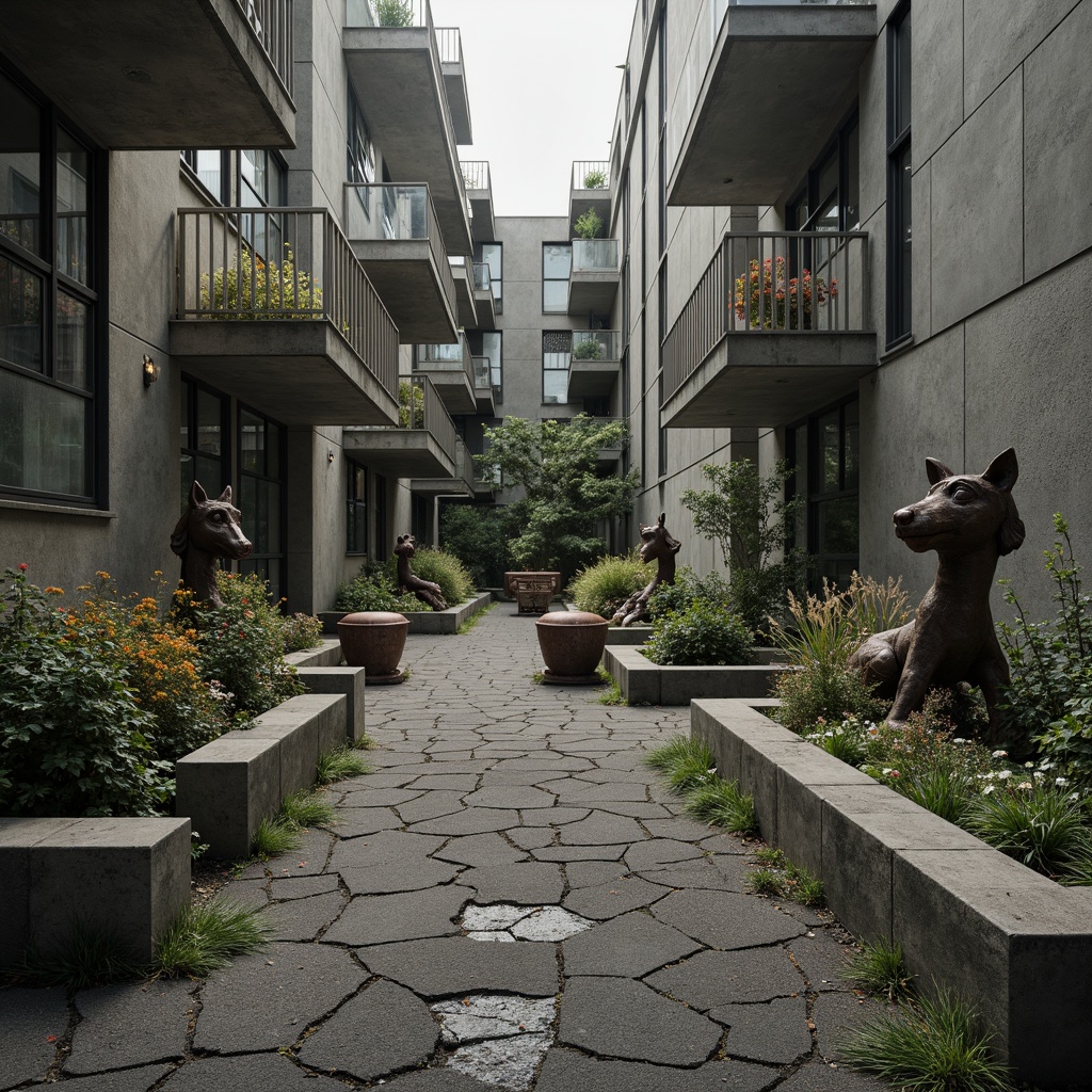 Prompt: Rugged concrete planters, brutalist sculptures, industrial metal benches, overgrown wildflowers, abandoned machinery, weathered steel fences, cracked asphalt pathways, raw concrete walls, imposing monumental structures, dramatic shadowing, high-contrast lighting, cinematic atmosphere, 1/1 composition, symmetrical framing, gritty textures, ambient occlusion.