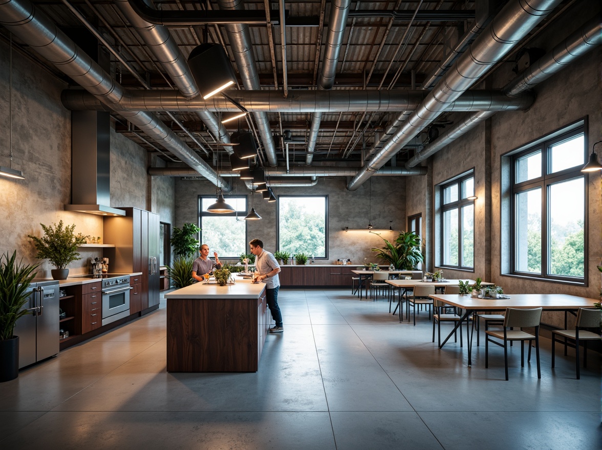 Prompt: Exposed ductwork, industrial pipes, raw concrete walls, metal beams, minimalist lighting fixtures, functional task lighting, high-ceilinged open spaces, natural daylight, diffused overhead lighting, accentuated lab equipment, bold color schemes, textured surfaces, urban loft atmosphere, dramatic shadows, harsh contrast ratios, 1/2 composition, wide-angle lens, gritty realistic textures, ambient occlusion.