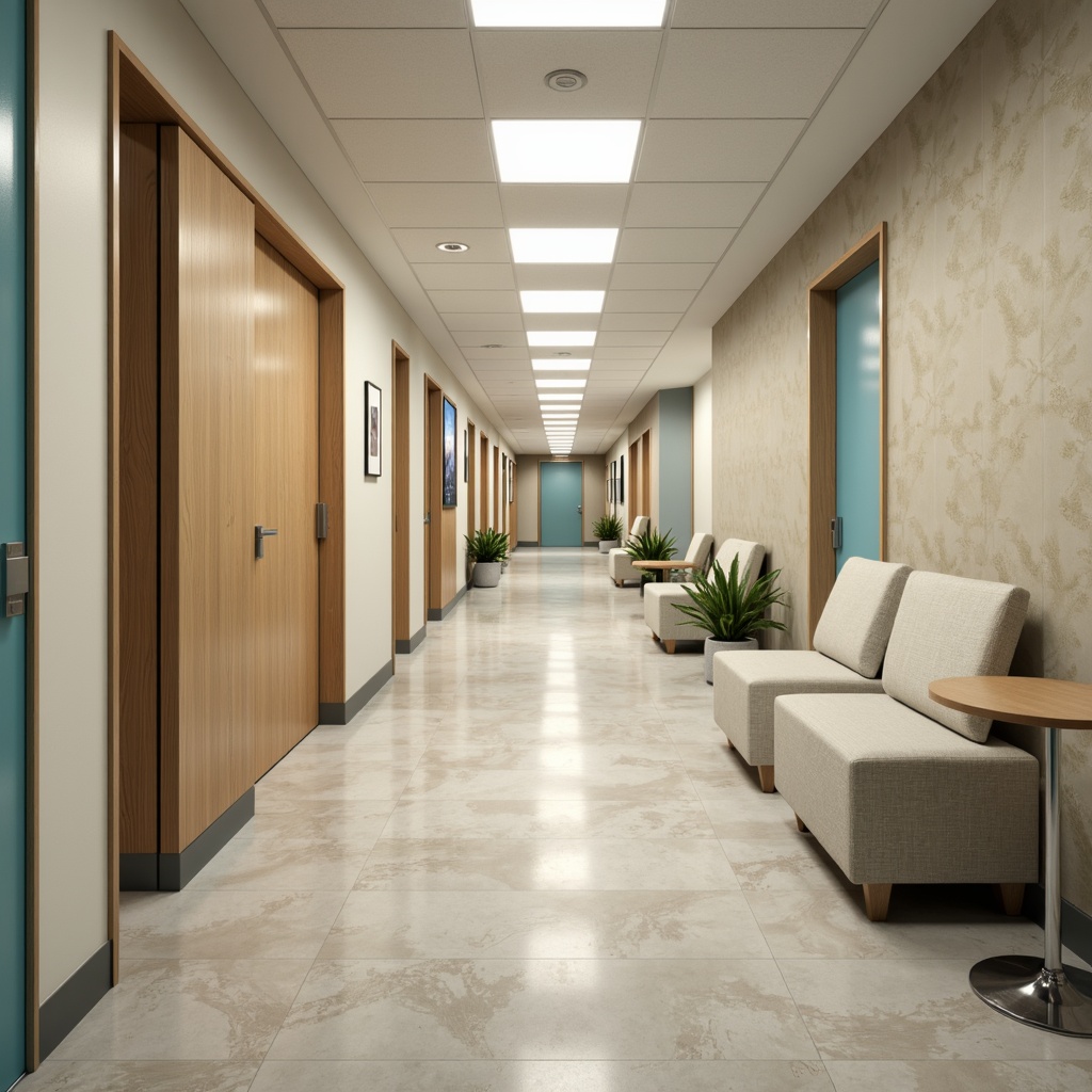 Prompt: Calming hospital corridors, soothing pastel hues, gentle beige tones, creamy whites, soft blues, muted greens, warm wood accents, natural stone flooring, comforting textiles, subtle patterns, calming ambiance, softbox lighting, 1/2 composition, shallow depth of field, realistic rendering, ambient occlusion.