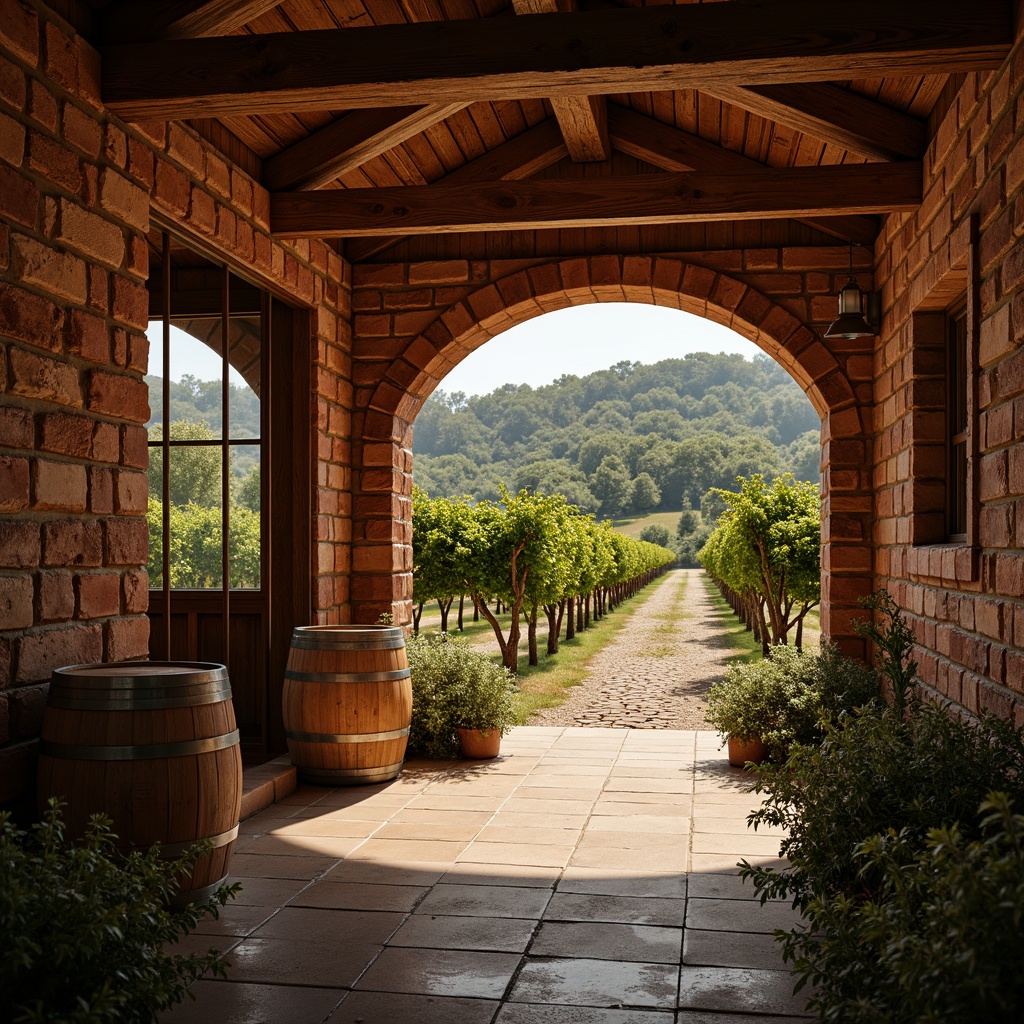 Prompt: Rustic winery, vineyard landscape, earthy tones, terracotta reds, sienna browns, mossy greens, weathered wood accents, natural stone walls, wooden barrels, grapevine trellises, wine cellar atmosphere, warm golden lighting, soft focus, shallow depth of field, 1/2 composition, intimate framing, realistic textures, ambient occlusion.