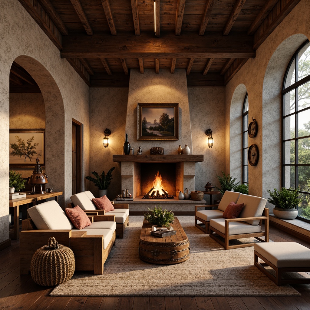 Prompt: Rustic regionalism style buildings, earthy color palette, natural stone walls, wooden accents, distressed textures, vintage furniture, cozy fireplaces, warm ambient lighting, shallow depth of field, 3/4 composition, panoramic view, realistic materials, ambient occlusion, regional cultural patterns, traditional craftsmanship, eclectic decorative elements, plush furnishings, soft pastel hues, organic shapes, free-flowing curves, intimate gathering spaces, warm inviting atmosphere.