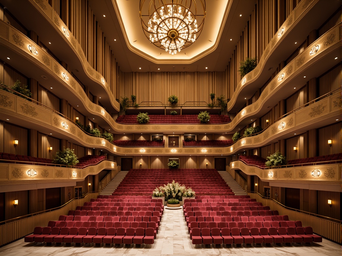 Prompt: Elegant auditorium interior, curved wooden panels, acoustic soundproofing materials, subtle ambient lighting, plush red velvet seats, ornate golden balconies, grandiose chandeliers, polished marble floors, sweeping staircase, dramatic ceiling height, intricate moldings, luxurious fabrics, warm beige color scheme, soft focus photography, shallow depth of field, 1/2 composition, symmetrical framing, high-contrast lighting.