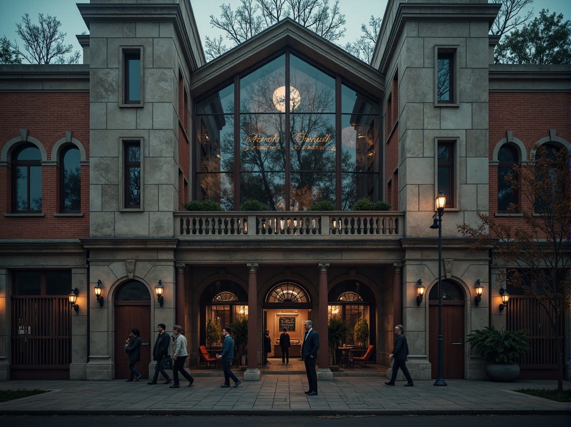 Prompt: Rustic warehouse facade, worn brick walls, ornate stone carvings, pointed arch windows, grand entrance gates, distressed metal accents, industrial-era aesthetics, dramatic verticality, intricate tracery patterns, stained glass details, mysterious ambient lighting, foggy atmospheric conditions, cinematic composition, high contrast ratios, rich textures, detailed normal maps.