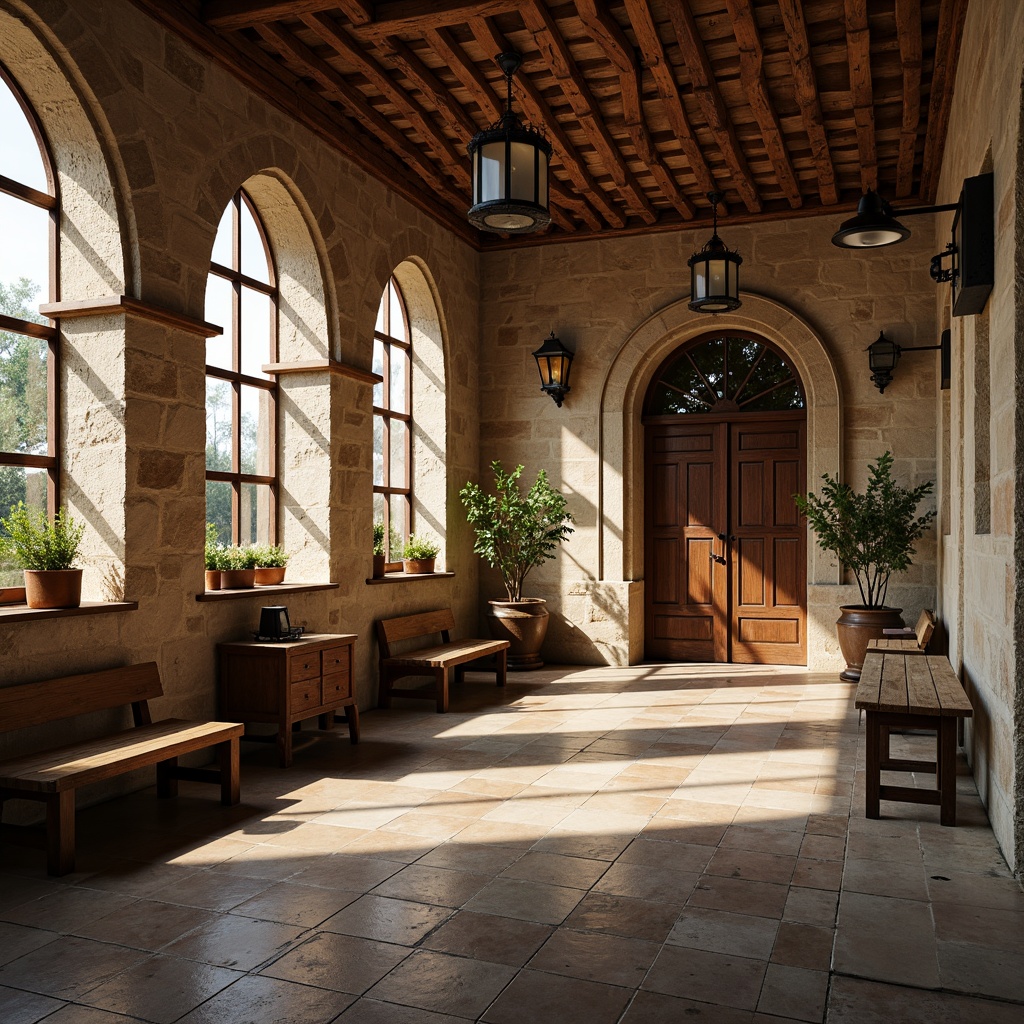 Prompt: Rustic high school building, Romanesque style architecture, rough-hewn stone walls, arched windows, heavy wooden doors, terra cotta roof tiles, ornate metal decorations, vintage-inspired lighting fixtures, distressed wood accents, earthy color palette, natural textures, warm golden lighting, shallow depth of field, 2/3 composition, dramatic shadows, realistic weathering effects.