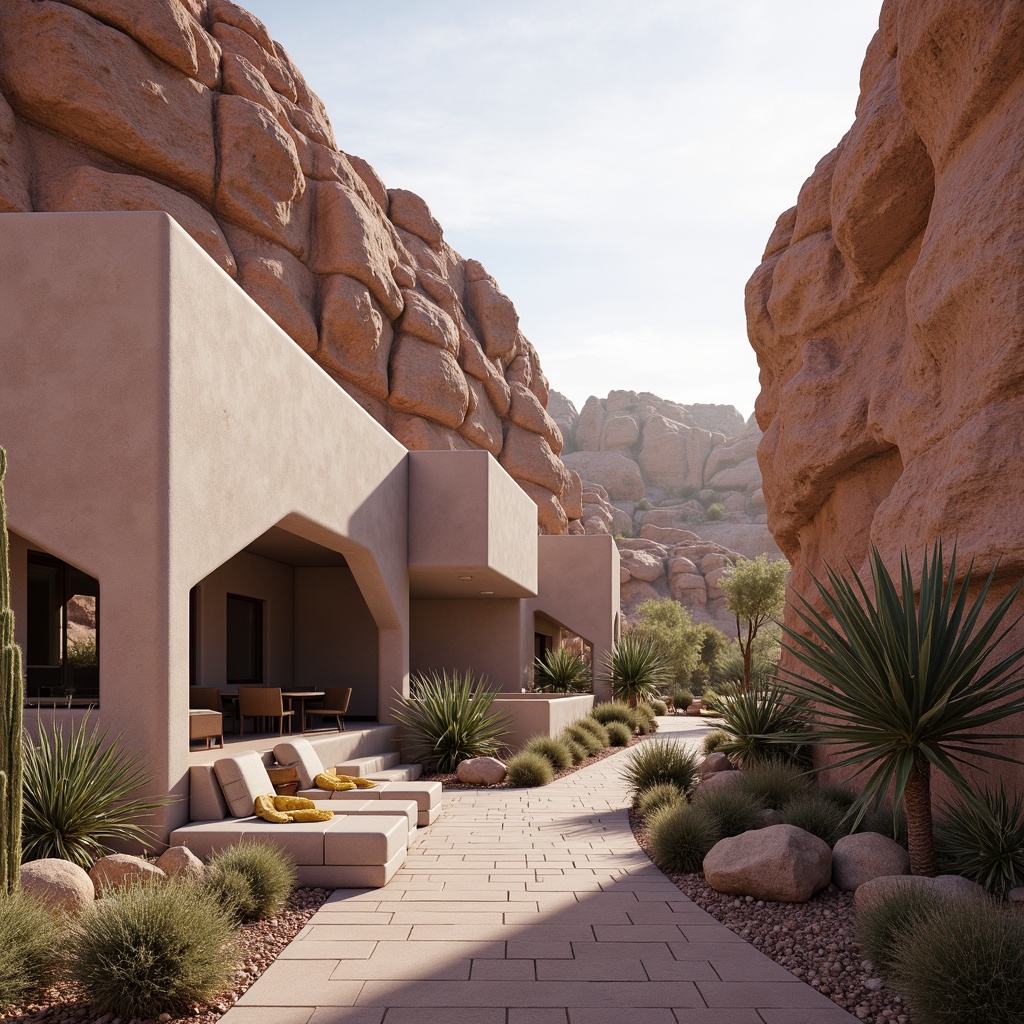 Prompt: Soft lilac hues, warm beige tones, natural canyon rock formations, modern southwestern architecture, stucco exteriors, curved lines, earthy color palette, vibrant turquoise accents, desert flora, cacti silhouettes, warm sunset lighting, soft focus, shallow depth of field, 1/1 composition, realistic textures, ambient occlusion.