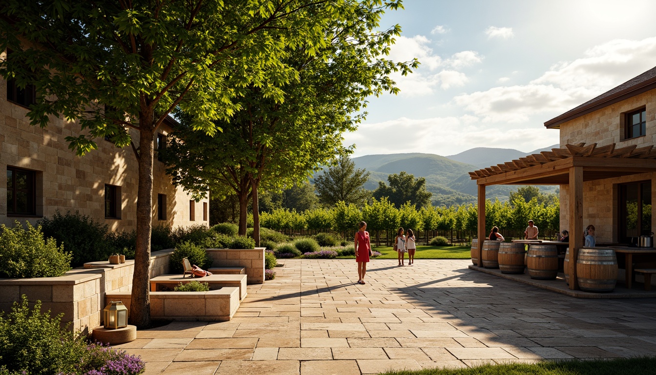 Prompt: Vineyard estate, rustic stone walls, wooden trellises, lush green vines, wine barrels, rolling hills, Tuscan-inspired architecture, earthy tones, natural stonework, wooden benches, lantern-style lighting, warm afternoon sunlight, soft shadows, 1/2 composition, atmospheric perspective, realistic foliage textures, ambient occlusion.