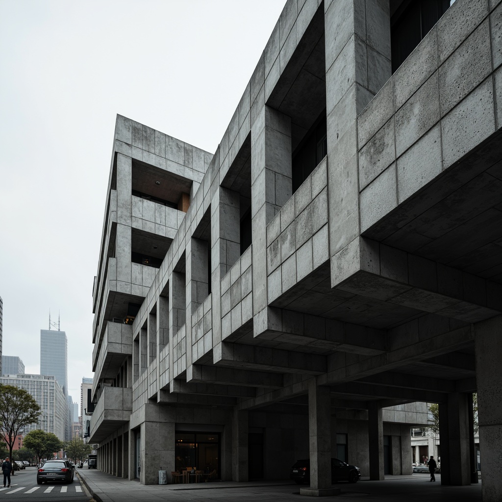 Prompt: Rugged brutalist architecture, raw concrete textures, exposed ductwork, industrial metal beams, minimalist ornamentation, functional simplicity, urban cityscape backdrop, overcast grey sky, dramatic shading, low-angle photography, 1/1 composition, high-contrast lighting, atmospheric mist, monumental scale, imposing presence, structural expressionism, tactile materiality, honest construction, brutalist ideology, anti-decorative ethos.