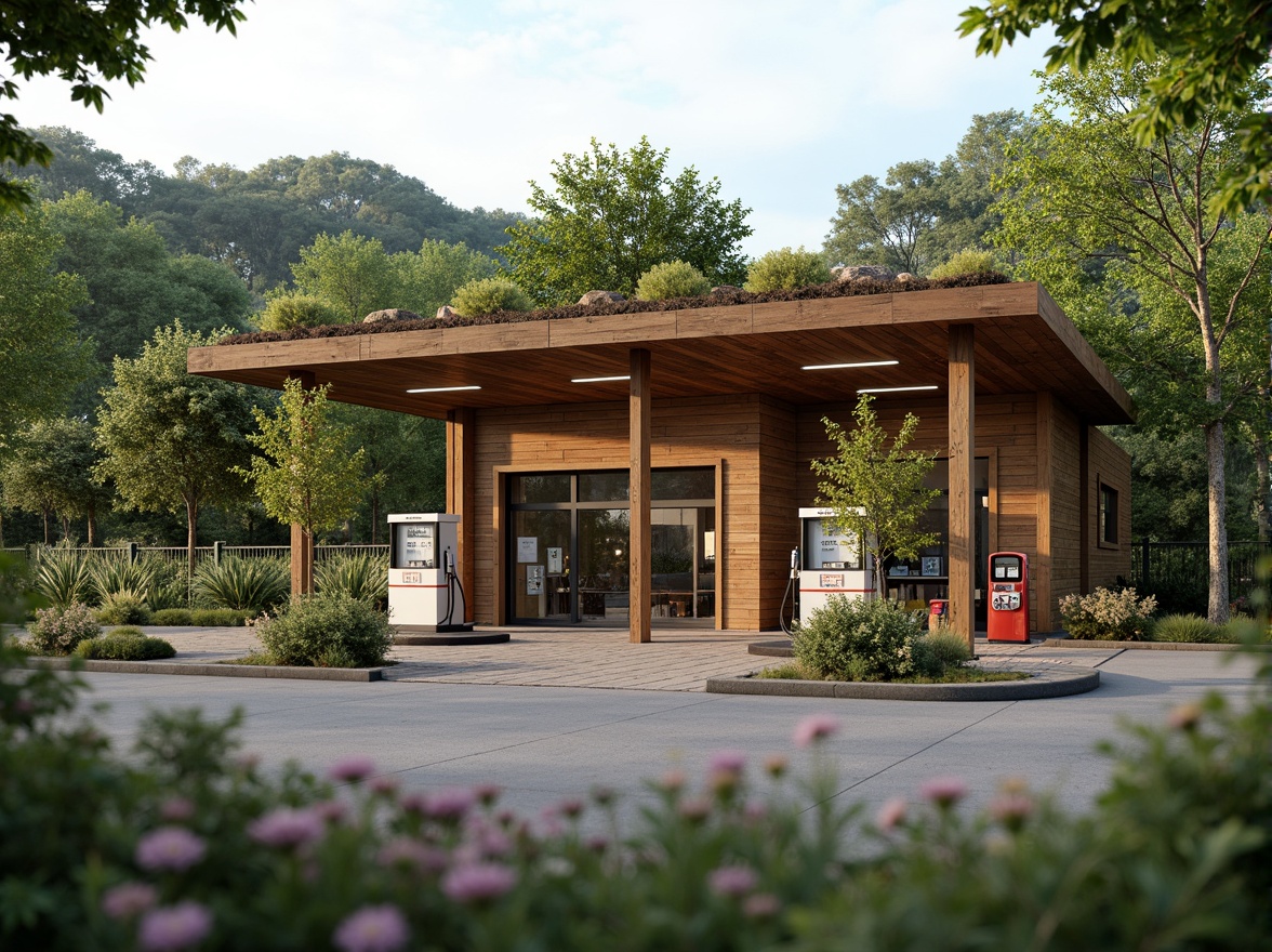 Prompt: Rustic gas station, reclaimed wood facades, living green roofs, bamboo canopies, natural stone walls, earthy tones, organic shapes, eco-friendly fueling systems, solar panels, wind turbines, rainwater harvesting systems, permeable pavement, native plant species, wildflower gardens, warm ambient lighting, shallow depth of field, 1/1 composition, realistic textures, soft focus.