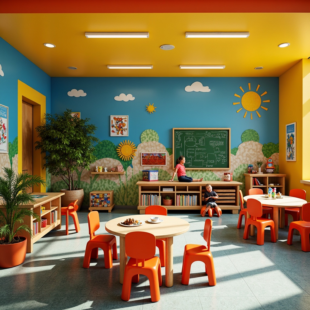 Prompt: Vibrant elementary school, playful expressionist style, bold color blocking, warm yellow walls, bright blue accents, energetic orange furniture, green chalkboard backgrounds, whimsical hand-painted murals, colorful mosaic tiles, eclectic art supplies, natural wood textures, cozy reading nooks, flexible seating arrangements, collaborative workspaces, softbox lighting, 1/1 composition, shallow depth of field, realistic brushstrokes, ambient occlusion.