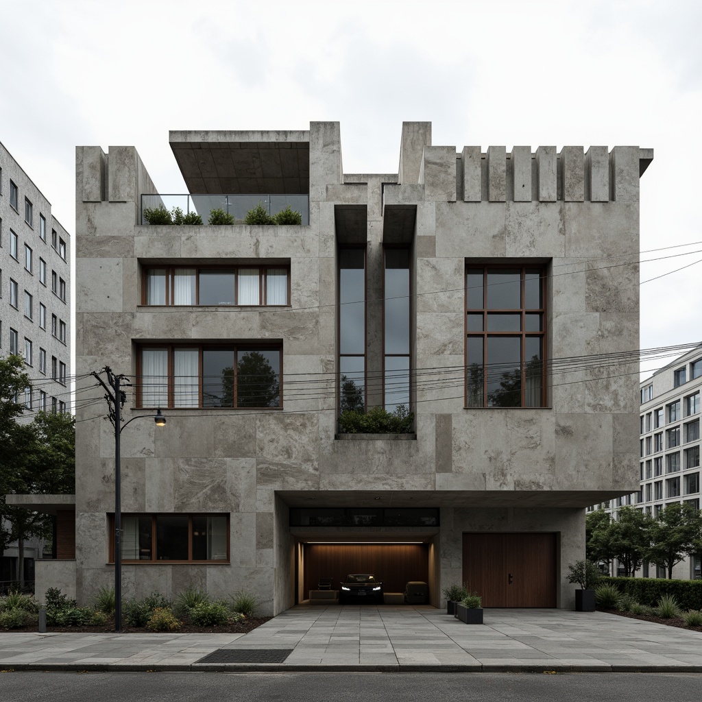 Prompt: Exterior brutalist facade, raw concrete textures, rugged stone walls, fortress-like structure, dramatic cantilevered rooflines, bold geometric forms, industrial materials, weathered steel beams, exposed ductwork, minimalist ornamentation, urban cityscape backdrop, overcast skies, high-contrast lighting, deep shadows, 1/1 composition, realistic render, ambient occlusion.