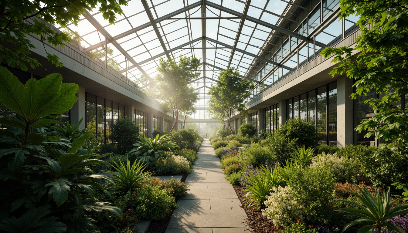 Prompt: Tropical greenhouse interior, lush greenery, exotic plants, misting systems, climate control panels, polycarbonate roofing, aluminum frames, glass walls, steel beams, modern minimalist design, natural ventilation systems, automatic irrigation systems, solar-powered lighting, warm soft lighting, shallow depth of field, 1/1 composition, realistic textures, ambient occlusion.