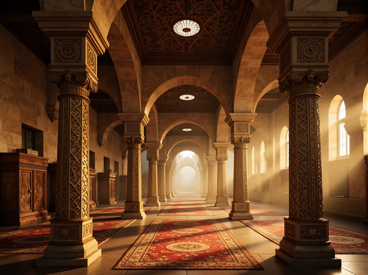 Prompt: Ornate Byzantine columns, intricately carved marble capitals, ornamental arches, vaulted ceilings, richly textured stone walls, warm golden lighting, mystical ambiance, atmospheric fog, shallow depth of field, 1/1 composition, symmetrical view, realistic stone textures, ambient occlusion, grandiose architecture, luxurious fabrics, opulent furnishings, regal color palette.