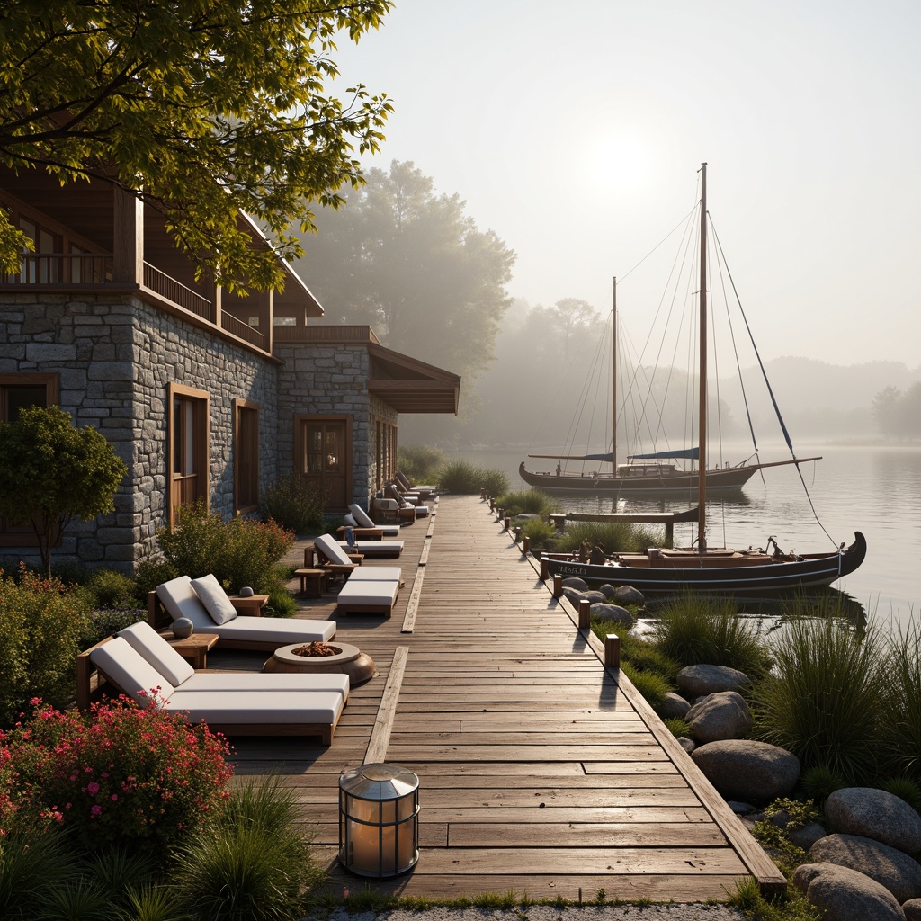 Prompt: Waterfront location, wooden dock, sailboats, tranquil lake, misty morning, warm sunlight, natural stone walls, rustic wood accents, nautical-themed decorations, plush outdoor furniture, cozy fire pit, lantern-style lighting, lush greenery, blooming flowers, gentle water features, serene atmosphere, shallow depth of field, 3/4 composition, panoramic view, realistic textures, ambient occlusion.