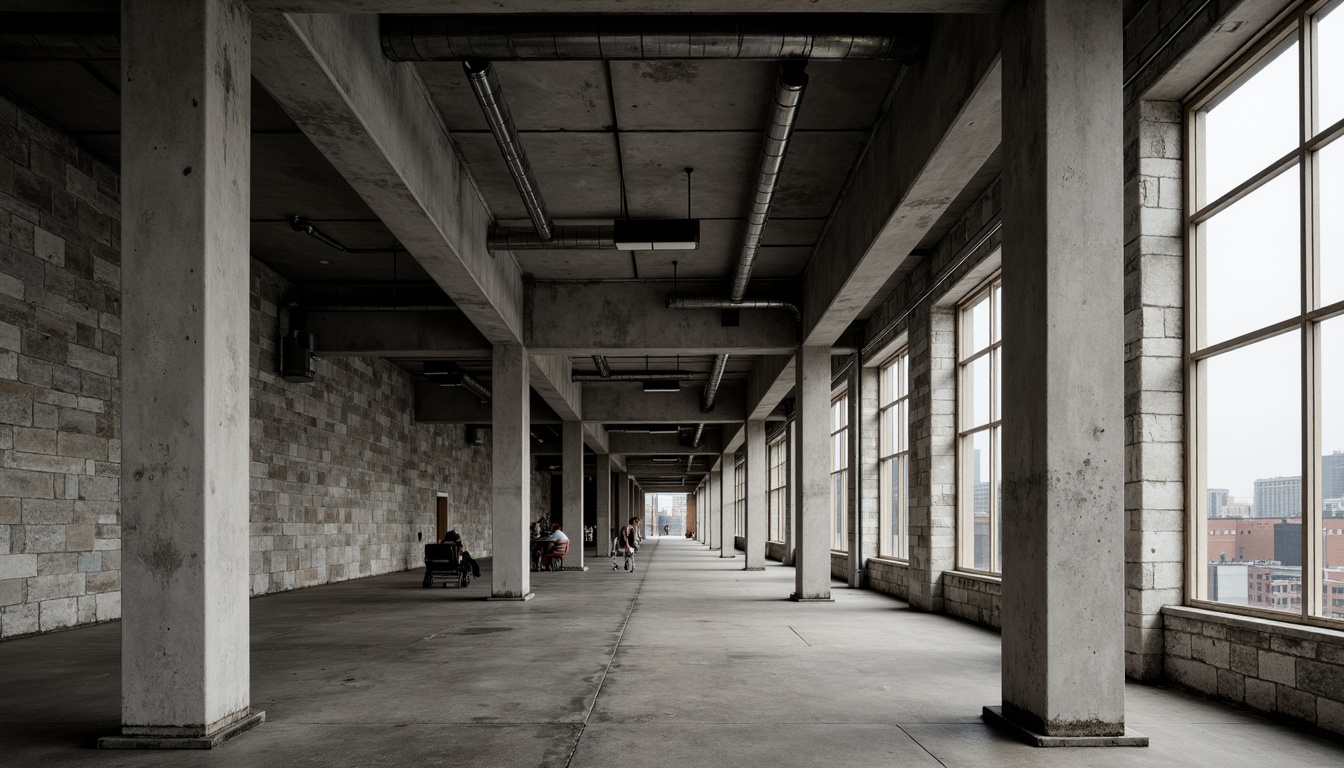 Prompt: Exposed concrete columns, brutalist architecture, industrial aesthetic, raw unfinished surfaces, rugged stone walls, metallic beams, functional pipes, exposed ductwork, minimalist ornamentation, urban decay, cityscape backdrop, overcast skies, dramatic shadows, high-contrast lighting, shallow depth of field, 2/3 composition, symmetrical framing, realistic textures, ambient occlusion.