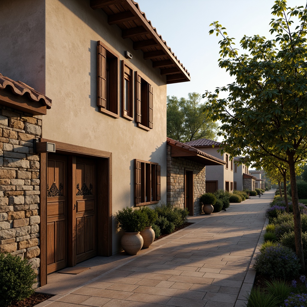 Prompt: Traditional residential fa\u00e7ade, earthy tones, natural stone walls, wooden shutters, clay roof tiles, rustic doorways, ornate metalwork, local craftsmanship, warm ambient lighting, soft afternoon sun, shallow depth of field, 1/2 composition, intimate scale, cozy atmosphere, organic textures, earthy color palette, regional authenticity, cultural heritage, nostalgic charm, serene neighborhood setting, lush greenery, mature trees.