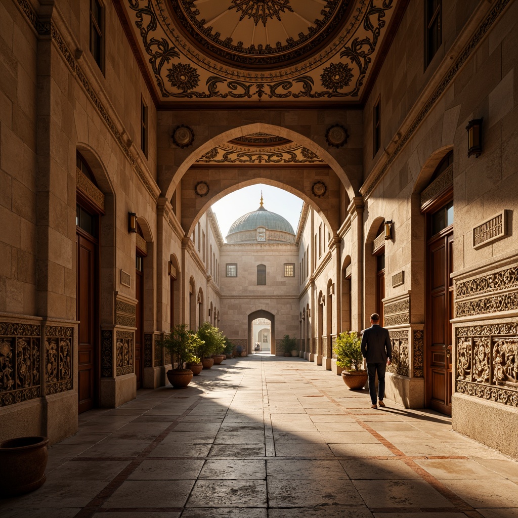 Prompt: Intricate arches, ornate carvings, rustic stone walls, earthy tones, vaulted ceilings, grand entranceways, symmetrical fa\u00e7ades, Byzantine-inspired domes, richly patterned textiles, warm golden lighting, soft focus, shallow depth of field, 2/3 composition, atmospheric perspective, realistic stonework, ambient occlusion.