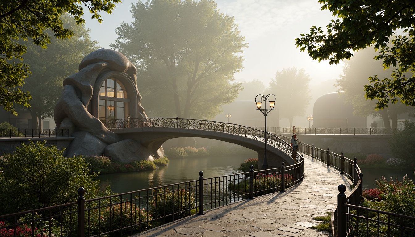 Prompt: Sweeping pedestrian bridge, undulating curves, flowing organic shapes, ornate metal railings, intricate filigree patterns, vivid greenery, blooming flowers, soft warm lighting, shallow depth of field, 3/4 composition, atmospheric mist, water reflections, natural stone piers, Art Nouveau inspired lampposts, sinuous banisters, elegant archways, grand entrance, ornate details, luxurious materials, bronze accents, subtle color palette, whimsical ambiance.