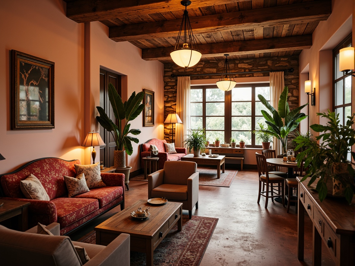 Prompt: Cozy hostel lounge, warm candlelight, soft blush tones, distressed wood accents, plush velvet furniture, vintage decor, floral patterns, rustic metal frames, earthy terracotta pots, lush greenery, natural stone walls, creamy whites, soothing pastel hues, golden lighting, intimate atmosphere, 1/1 composition, shallow depth of field, warm and inviting color scheme.