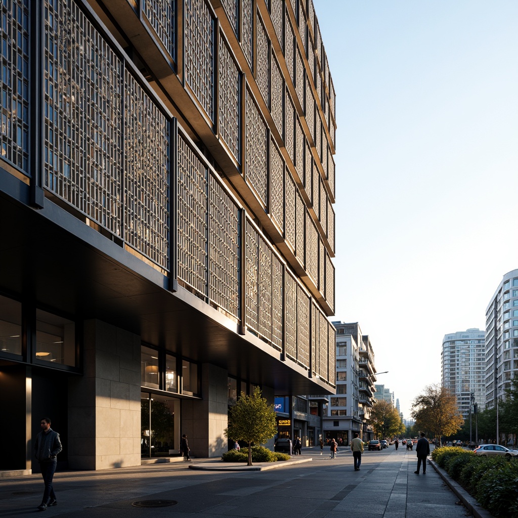 Prompt: Modern avant-garde building facade, perforated metal screens, intricate patterns, natural ventilation systems, energy-efficient design, sleek minimalist aesthetic, urban cityscape, daytime sunlight, soft warm glow, shallow depth of field, 1/1 composition, realistic materials, ambient occlusion.