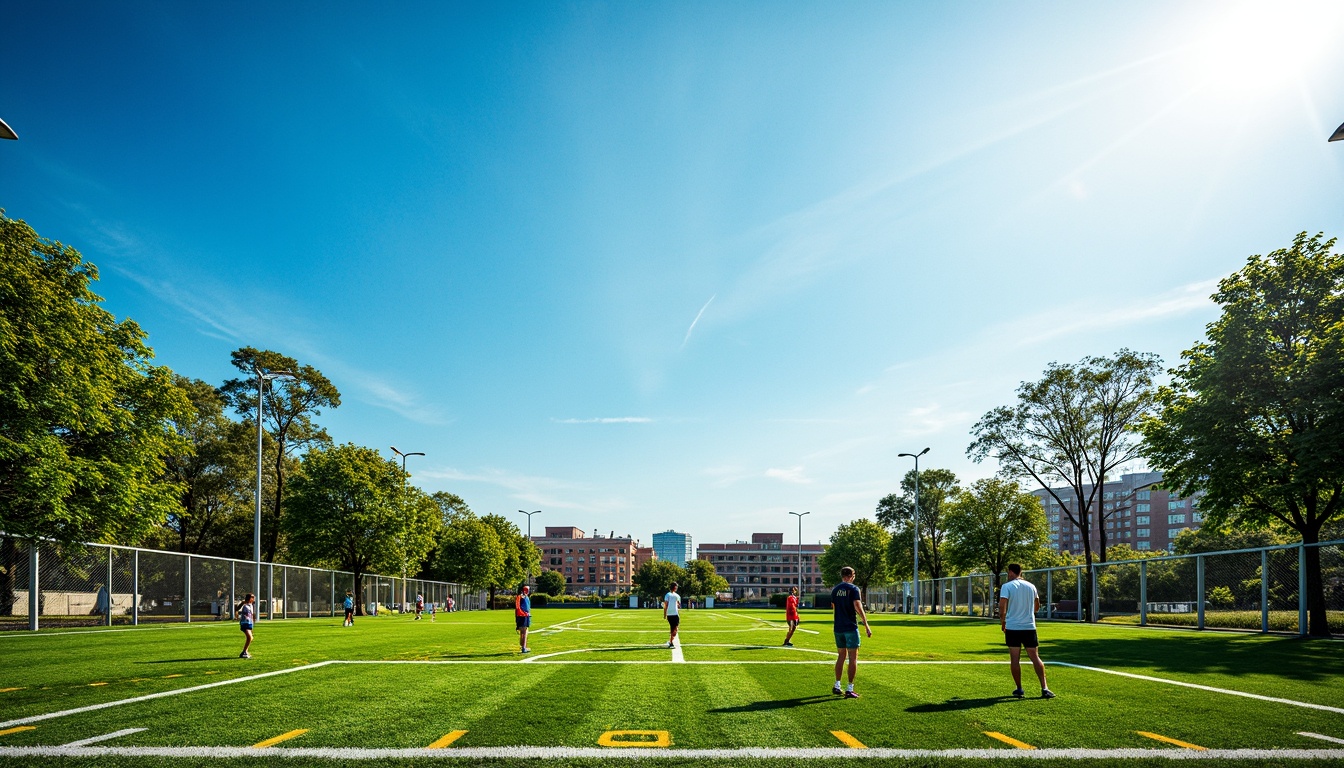 Prompt: Vibrant green grass, bold white lines, deep blue sky, sunny day, bright yellow accents, energetic orange tones, sleek metal goalposts, sturdy chain-link fences, natural earthy textures, geometric patterns, modern sports equipment, dynamic athletes in motion, shallow depth of field, 3/4 composition, panoramic view, realistic shading, ambient occlusion.