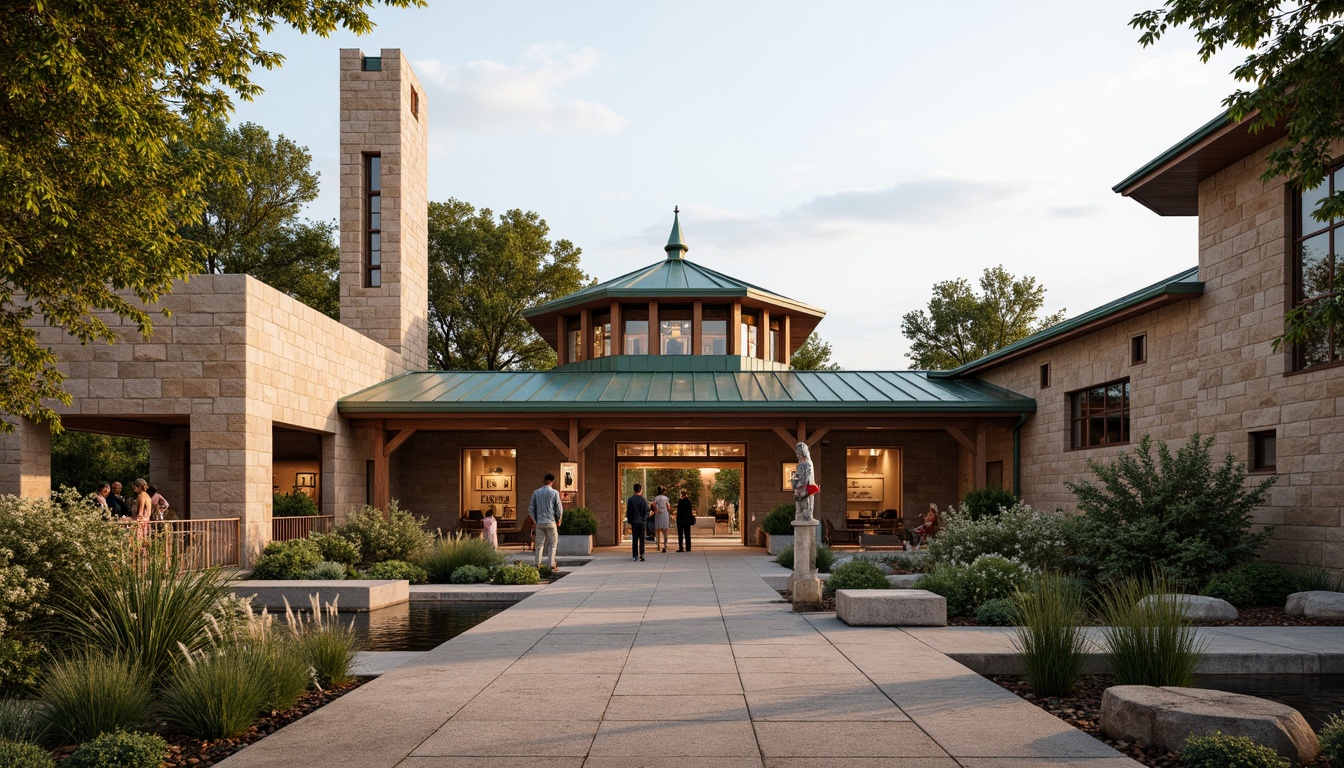 Prompt: Earthy tone museum exterior, regionalist architecture style, natural stone fa\u00e7ade, wooden accents, copper roofing, green roofs, lush vegetation, water features, outdoor exhibition spaces, cultural artifacts displays, educational signage, warm lighting, soft shadows, 1/2 composition, medium shot, realistic textures, subtle atmospheric effects.