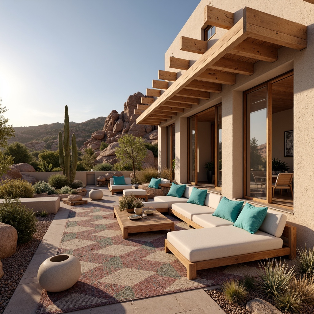 Prompt: Soft lilac hues, warm beige stucco, rustic canyon rock formations, natural stone accents, wooden beam ceilings, large windows, sliding glass doors, desert landscaping, cacti and succulents, vibrant turquoise accents, earthy tone furniture, woven textiles, geometric patterned rugs, warm golden lighting, shallow depth of field, 1/1 composition, panoramic views, realistic textures, ambient occlusion.