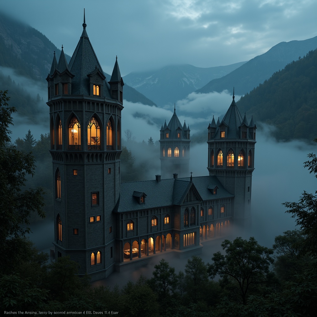 Prompt: Mysterious watching towers, ornate Gothic fa\u00e7ades, pointed arches, ribbed vaults, flying buttresses, grandiose spires, intricate stone carvings, stained glass windows, mysterious nighttime atmosphere, warm golden lighting, misty foggy surroundings, dense forest backdrop, rugged mountainous landscape, eerie silence, 1/2 composition, dramatic low-angle shot, cinematic mood, detailed textures, atmospheric rendering.