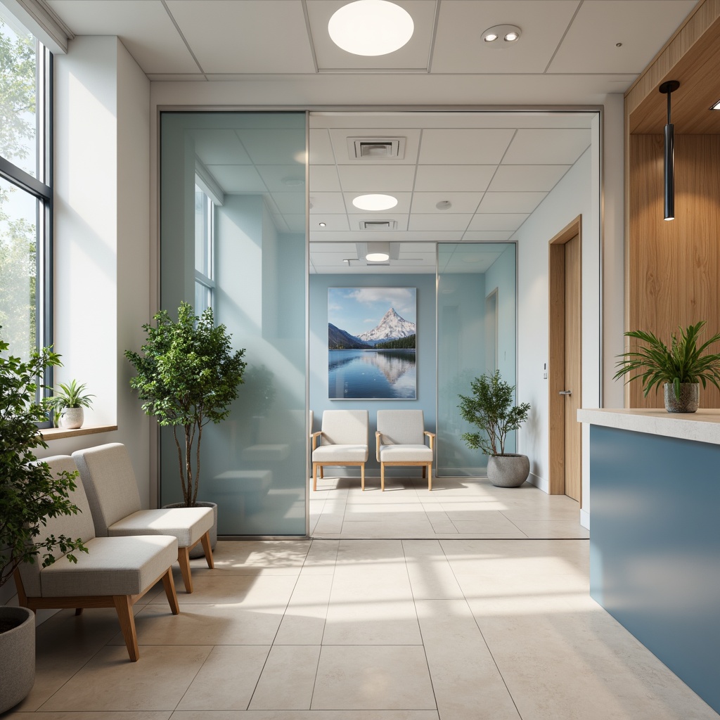 Prompt: Calming clinic atmosphere, soothing color scheme, gentle blue hues, creamy whites, warm beige tones, natural wood accents, subtle greenery, minimalist decor, soft indirect lighting, serene waiting areas, comfortable patient rooms, modern medical equipment, stainless steel surfaces, sleek glass partitions, calming nature-inspired artwork, peaceful ambient sounds.