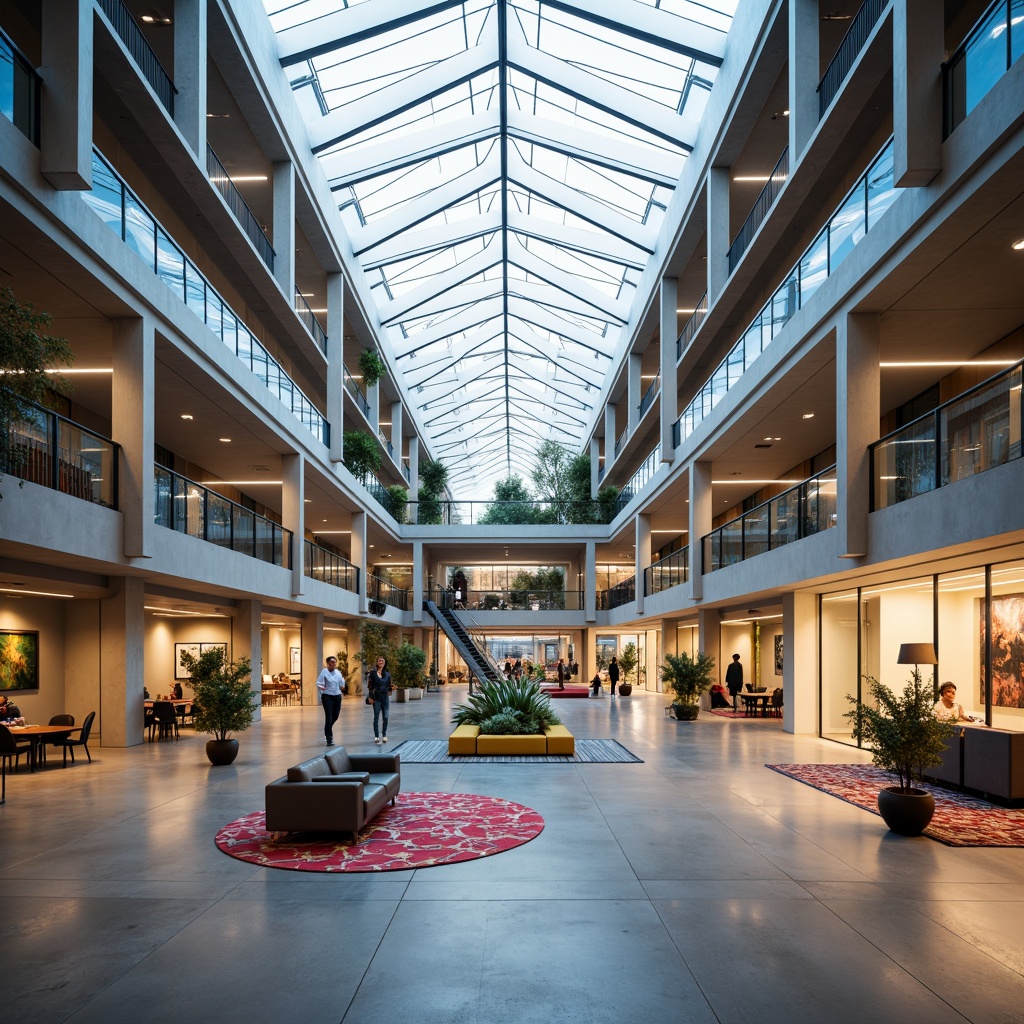 Prompt: Symmetrical atrium, high ceilings, open floor plans, minimalist decor, natural light infiltration, sleek metal beams, polished concrete floors, geometric patterned rugs, functional zoning, efficient circulation paths, collaborative workspaces, acoustic paneling, dynamic lighting systems, abstract artwork, modern furniture designs, vibrant accent walls, 3/4 composition, panoramic view, realistic textures, ambient occlusion.