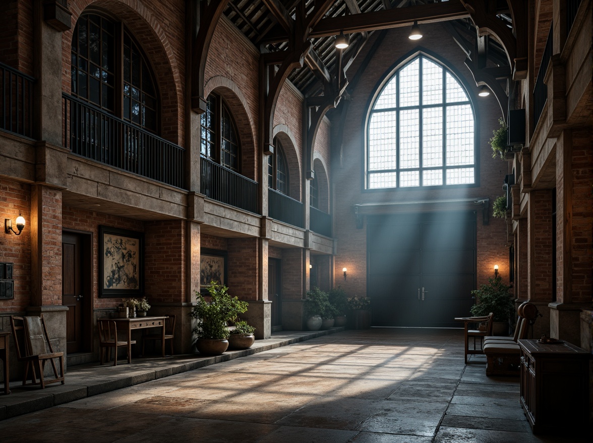 Prompt: Rustic warehouse, industrial Gothic facade, exposed brick walls, steel beams, wooden accents, distressed finishes, ornate stone carvings, grand archways, pointed windows, heavy metal doors, intricate tracery patterns, mysterious dim lighting, atmospheric fog effects, shallow depth of field, 1/2 composition, cinematic perspective, high-contrast textures, ambient occlusion.