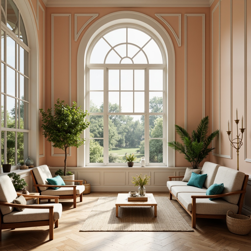 Prompt: Soft peach walls, creamy white trim, warm beige floors, rich walnut furniture, lush green plants, calming turquoise accents, natural linen textiles, subtle gold metallic details, elegant candelabra lighting, softbox window frames, gentle morning sunlight, shallow depth of field, 2/3 composition, serene atmosphere.