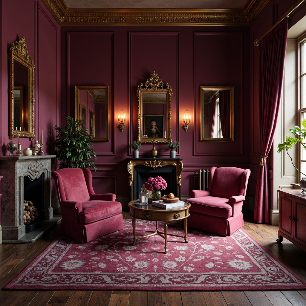 Prompt: \Mauve accent walls, rich velvet fabrics, luxurious jewel-toned furniture, ornate gold metallic accents, soft warm lighting, intimate cozy atmosphere, vintage decorative patterns, antique wooden floors, plush mauve-hued rugs, opulent drapery, lavish interior design, sophisticated color scheme, elegant mauve-inspired aesthetic.\