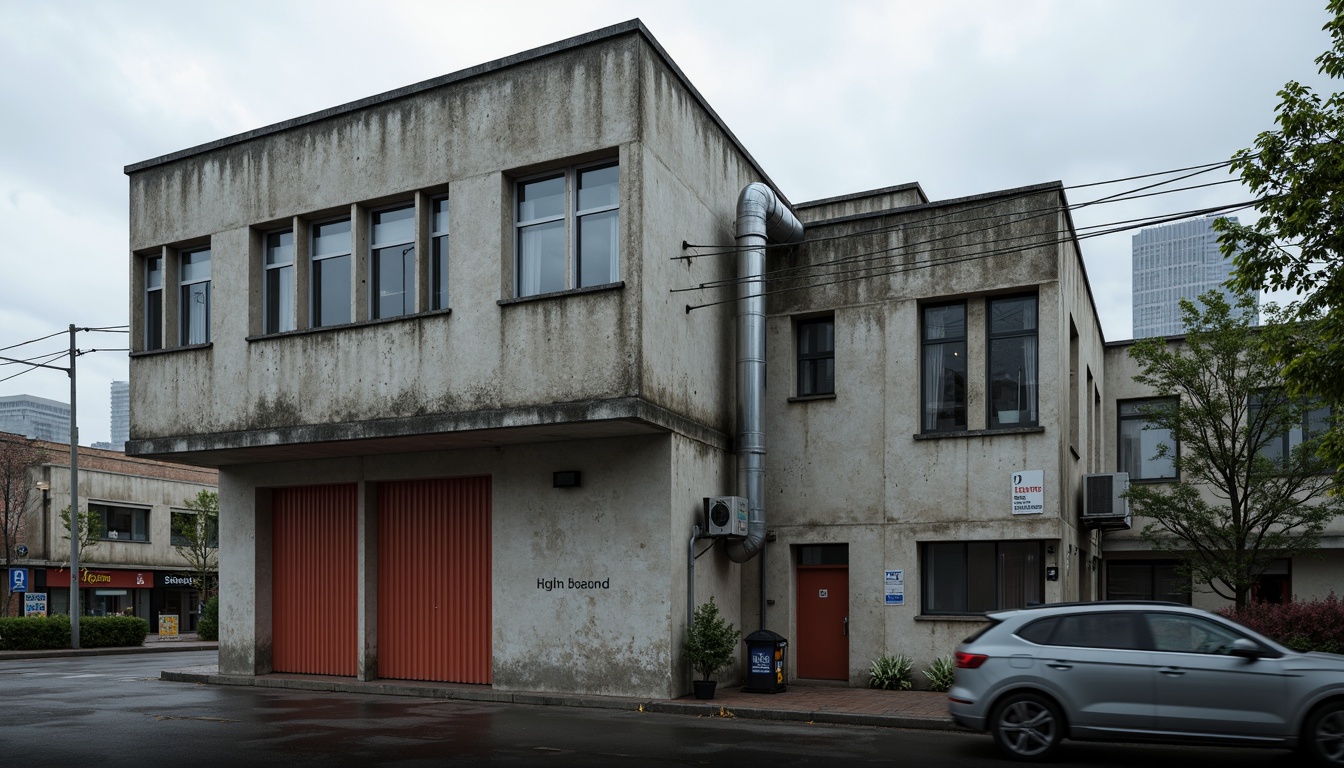 Prompt: Rugged laboratory building, brutalist architecture, raw concrete facade, industrial metal cladding, exposed ductwork, minimalist ornamentation, functional simplicity, harsh overhead lighting, dramatic shadowing, bold color accents, distressed textures, urban cityscape background, overcast sky, high-contrast photography, 1/2 composition, strong leading lines, moody atmospheric rendering.