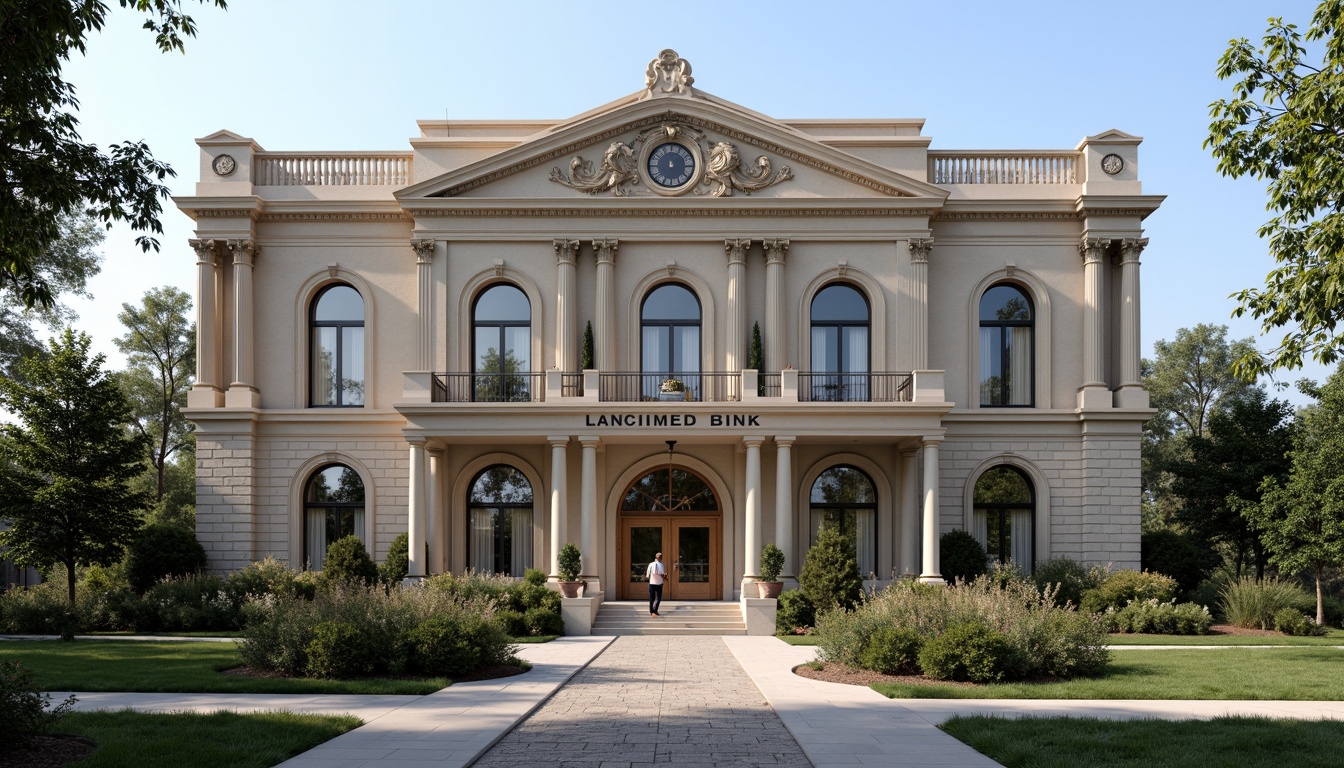 Prompt: \Elegant bank building, neoclassical facade, ornate stone carvings, grand entrance columns, symmetrical architecture, formal landscaping, manicured lawns, pedestrian pathways, modern signage, subtle lighting effects, shallow depth of field, 1/1 composition, realistic textures, ambient occlusion, stately clock tower, rusticated base, arched windows, classical proportions, sophisticated color palette, marble flooring, wooden accents, luxurious interior design.\