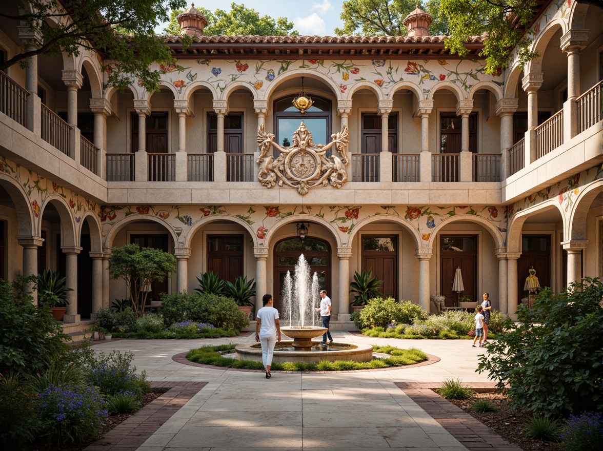 Prompt: Intricate community center, symmetrical facade, ornate Baroque details, grand entrance, sweeping arches, ornamental columns, lavish decorations, vibrant frescoes, richly textured stone walls, elegant fountains, manicured gardens, serene atmosphere, soft warm lighting, shallow depth of field, 1/2 composition, realistic textures, ambient occlusion.