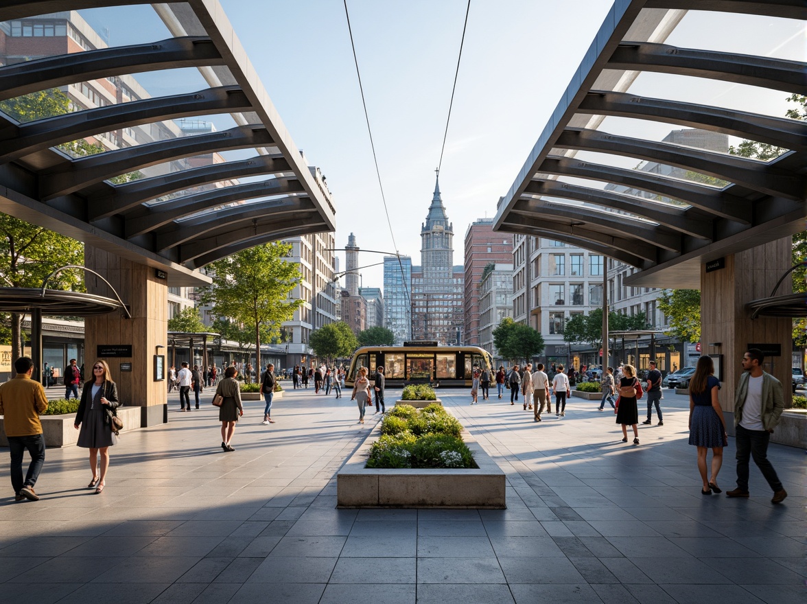 Prompt: Urban tram station, modern architecture, sleek metal structures, transparent glass roofs, natural stone flooring, vibrant cityscape, bustling streets, pedestrian-friendly infrastructure, green urban spaces, public art installations, dynamic lighting systems, shallow depth of field, 1/2 composition, realistic textures, ambient occlusion, morning rush hour atmosphere, soft warm lighting.