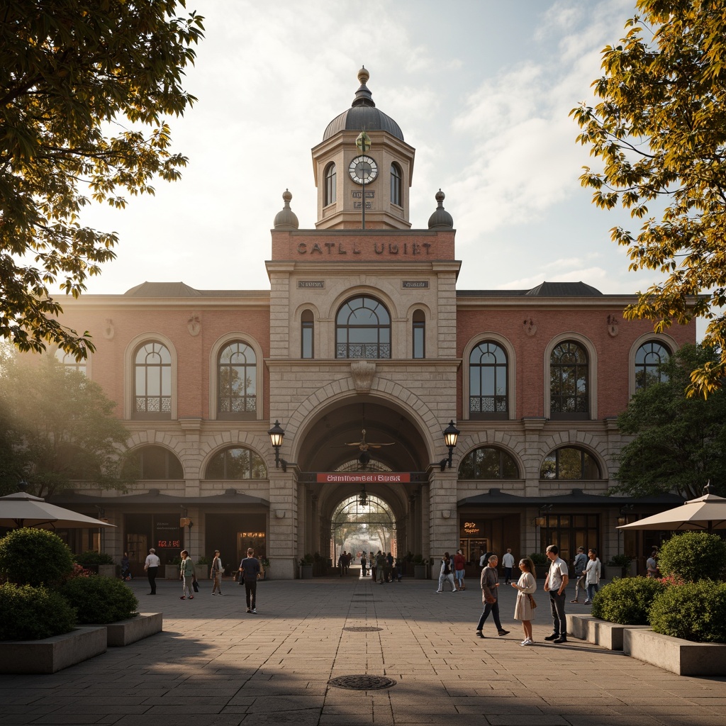 Prompt: Grandiose train station, regionalism style, earthy tone facade, ornate details, arched windows, rusticated stone walls, grand entrance, imposing clock tower, vintage signage, metal lanterns, lush greenery, urban landscape, busy street scene, morning fog, warm golden lighting, shallow depth of field, 1/2 composition, symmetrical view, realistic textures, ambient occlusion.