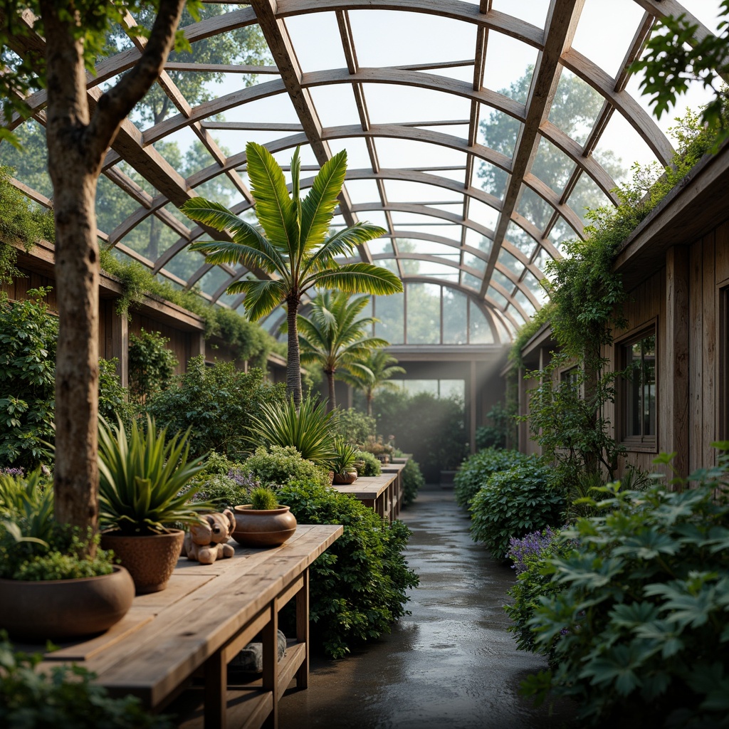 Prompt: Rustic greenhouse, reclaimed wood frames, living green roofs, solar panels, rainwater harvesting systems, natural ventilation, earthy color palette, organic textures, curved lines, whimsical ornaments, lush tropical plants, misty atmosphere, soft diffused lighting, shallow depth of field, 1/1 composition, intimate view, realistic renderings, ambient occlusion.