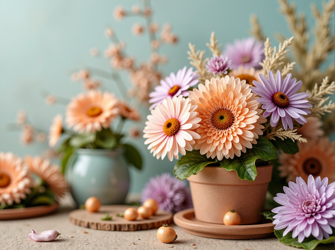 Prompt: Vibrant flower arrangements, soft peach hues, calming lavender shades, warm beige tones, rich turquoise accents, natural wood textures, earthy terracotta pots, delicate petal details, subtle gradient transitions, gentle ombre effects, pastel color schemes, serene atmosphere, shallow depth of field, 1/1 composition, realistic renderings.