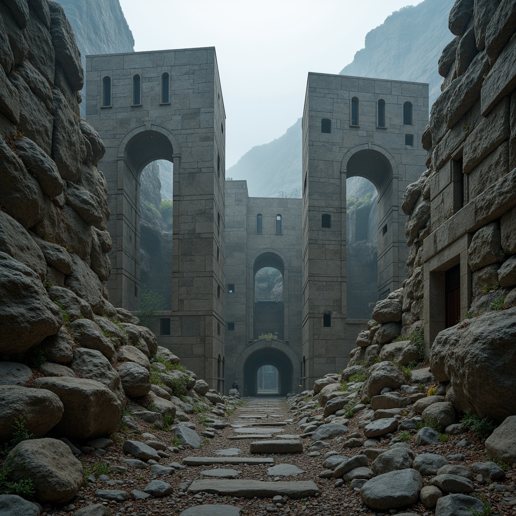 Prompt: Rugged mountainous terrain, weathered rock formations, sturdy stone walls, robust concrete structures, monumental arches, imposing pillars, grandeur architectural style, dramatic lighting effects, misty atmosphere, soft focus blur, 1/2 composition, symmetrical framing, detailed textures, ambient shading.