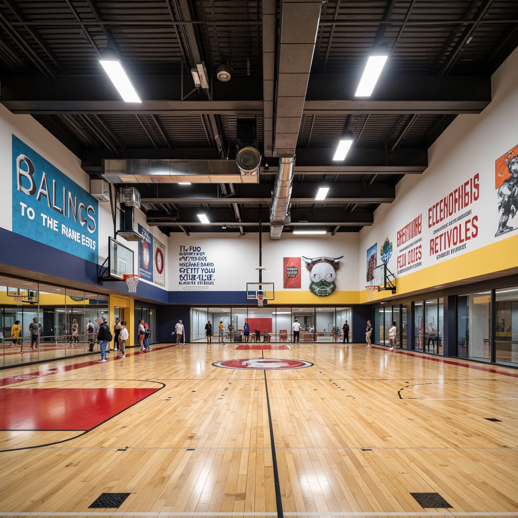 Prompt: Modern gymnasium interior, polished wooden floors, durable rubber sports surfaces, sound-absorbing acoustic panels, bright overhead lighting, sleek metal beams, minimalist design, functional storage spaces, motivational quotes, vibrant team colors, sturdy basketball hoops, athletic equipment, mirrored walls, high ceilings, open ventilation systems, natural stone accents, eco-friendly materials, soft ambient lighting, 1/1 composition, realistic textures.