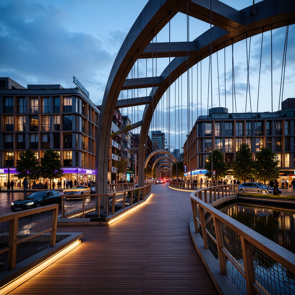 Prompt: Curved pedestrian bridge, sleek metal railings, wooden decking, suspended cables, geometric latticework, modern minimalist architecture, urban cityscape, busy street traffic, vibrant street art, colorful LED lighting, warm evening ambiance, shallow depth of field, 1/2 composition, realistic reflections, ambient occlusion.Please let me know if this meets your requirements or if you need any adjustments!