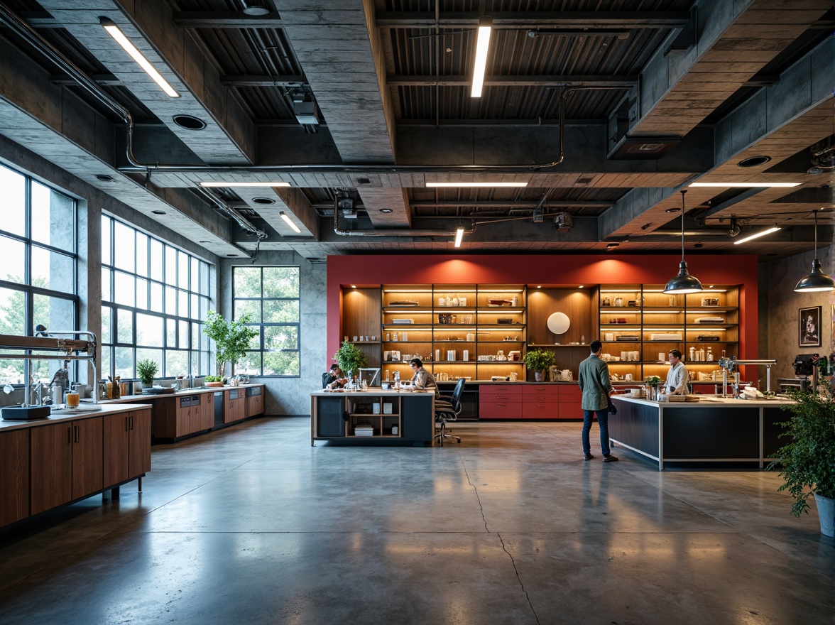 Prompt: Exposed ductwork, industrial pipes, concrete floors, raw metal beams, minimalist lighting fixtures, bold color accents, natural light pouring in through clerestory windows, high-intensity task lighting, under-cabinet lighting, LED strip lights, track lighting, suspended linear luminaires, dramatic shadows, low-ambient general lighting, high-contrast ratio, accent lighting on brutalist architectural elements, warm-toned wood accents, industrial-style metal shelving, laboratory equipment, scientific instruments, futuristic aesthetic, abstract geometric patterns, cold atmospheric ambiance, cinematic lighting effects.