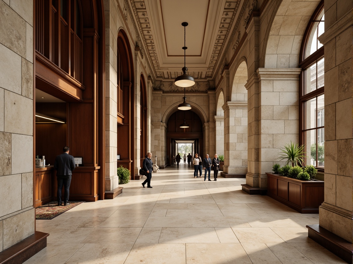 Prompt: Traditional bank building, neoclassical architecture, grandiose entrance, granite stone walls, elegant columns, ornate details, professional atmosphere, earthy color palette, muted tones, beige marble floors, rich wood accents, subtle patterns, natural light, warm artificial lighting, shallow depth of field, 1/1 composition, realistic textures, ambient occlusion.