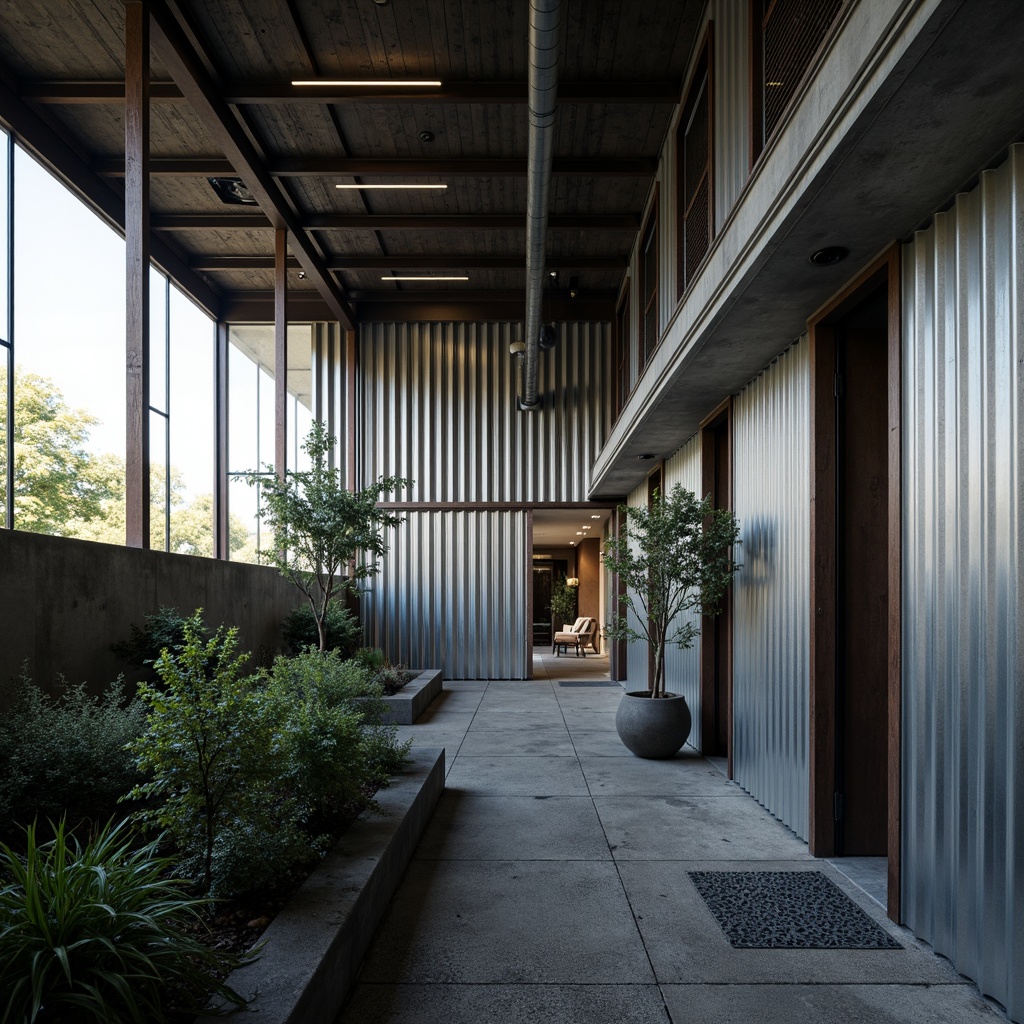 Prompt: Industrial chic setting, perforated metal facade, corrugated iron cladding, metallic sheen, urban landscape, modern architecture, brutalist design, raw concrete foundation, steel beams, exposed ductwork, minimalist decor, functional aesthetics, natural light filtering, dramatic shadows, low-key ambient lighting, high-contrast photography, moody atmosphere, abstract composition.