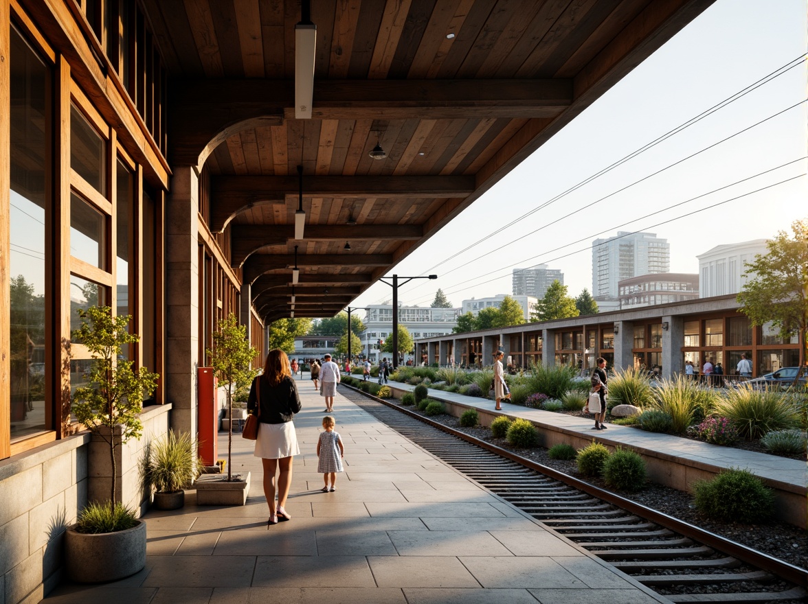 Prompt: Rustic train station, regionalism architecture, reclaimed wood accents, earthy tones, natural stone walls, green roofs, solar panels, rainwater harvesting systems, eco-friendly materials, modern minimalistic design, large glass windows, sliding doors, urban garden spaces, vibrant street art, bustling cityscape, morning commute, soft warm lighting, shallow depth of field, 3/4 composition, realistic textures, ambient occlusion.