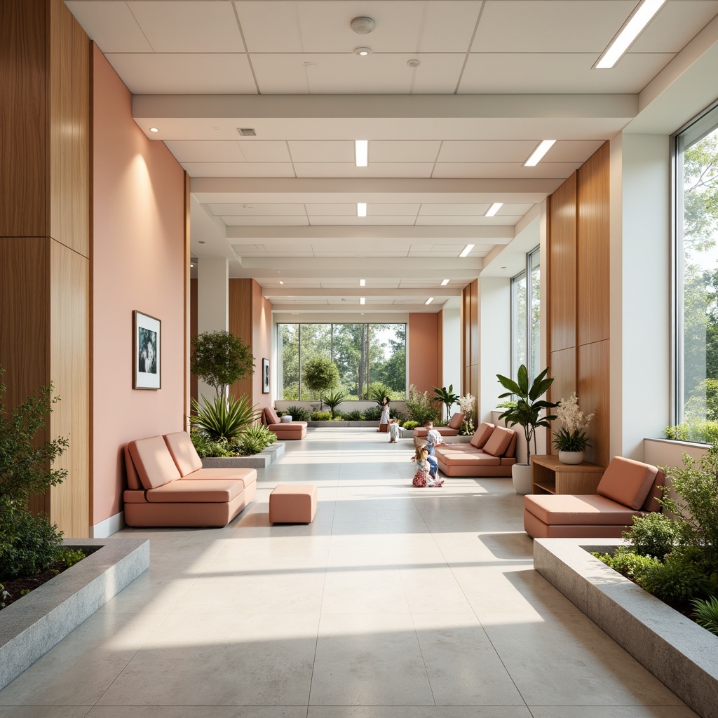 Prompt: Soothing medical facility, calming atmosphere, gentle pastel colors, soft peach tones, creamy whites, pale blues, muted greens, natural wood accents, comfortable seating areas, warm lighting fixtures, cozy waiting rooms, peaceful gardens, serene water features, minimal ornamentation, clean lines, simple shapes, functional furniture, quiet corridors, calming artwork, subtle patterns, organic textures, shallow depth of field, 1/1 composition, realistic rendering, ambient occlusion.