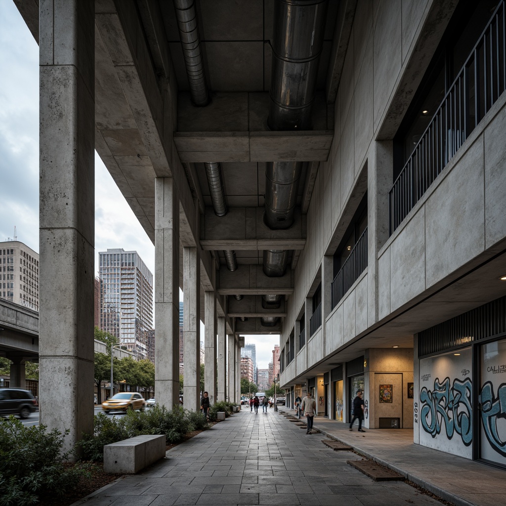 Prompt: Raw concrete columns, brutalist architecture, industrial materials, urban landscape, cityscape backdrop, busy streets, pedestrian traffic, modern streetlights, graffiti walls, distressed textures, rough-hewn stone, exposed ductwork, metallic beams, functional minimalism, utilitarian design, neutral color palette, dramatic shadows, high-contrast lighting, cinematic atmosphere, low-angle photography, wide-angle lens, abstract compositions, geometric patterns.